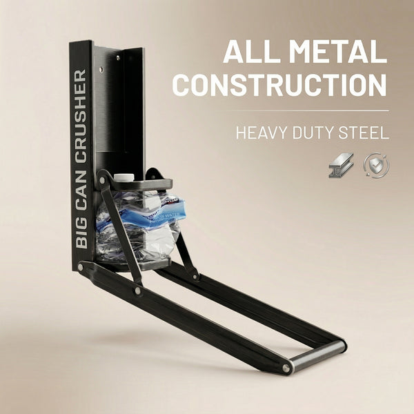 BIG CAN CRUSHER all-metal construction โ heavy duty steel, zero plastic parts
