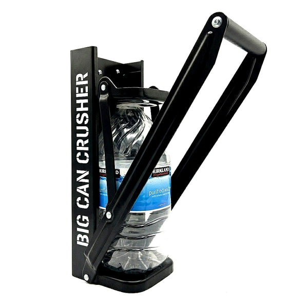 BIG CAN CRUSHER wall-mounted crusher crushing 1-gallon Kirkland water bottle — heavy duty all-metal