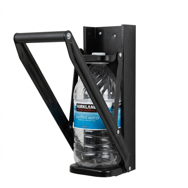 BIG CAN CRUSHER in action — handle down position crushing large plastic bottle