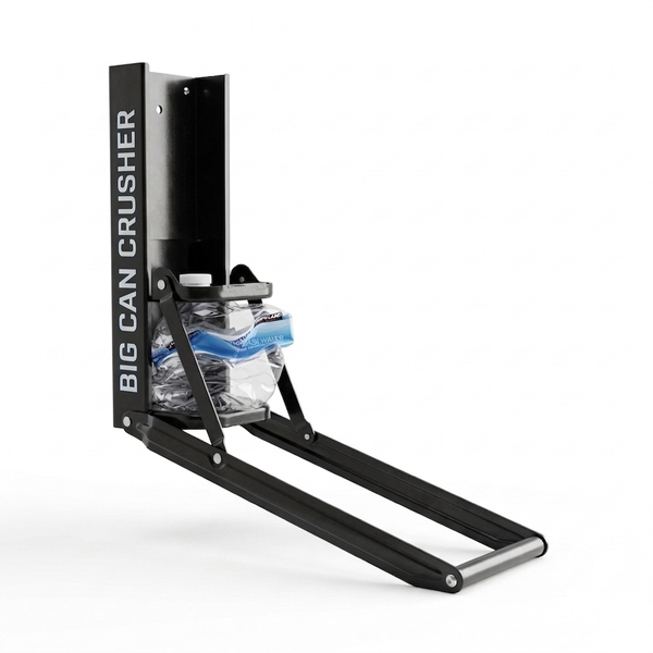 BIG CAN CRUSHER side profile — compact wall-mount design saves space in garage or kitchen