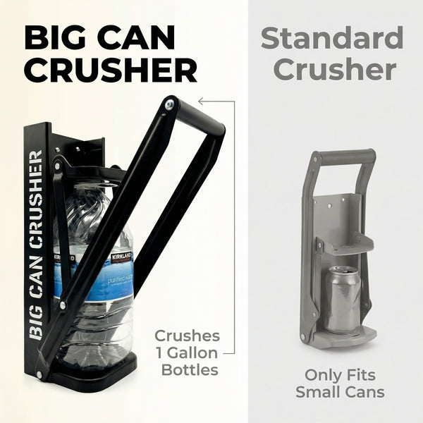 BIG CAN CRUSHER vs Standard Crusher comparison — crushes 1-gallon bottles, competitors only fit small cans
