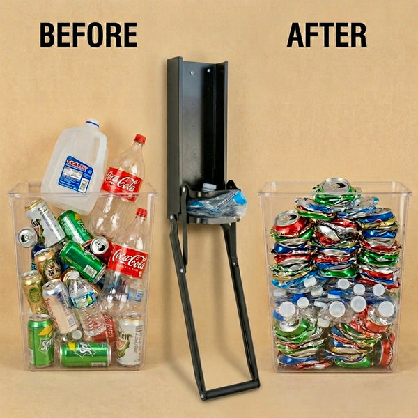 Before and after using BIG CAN CRUSHER — recycling bin fits 80% more after crushing