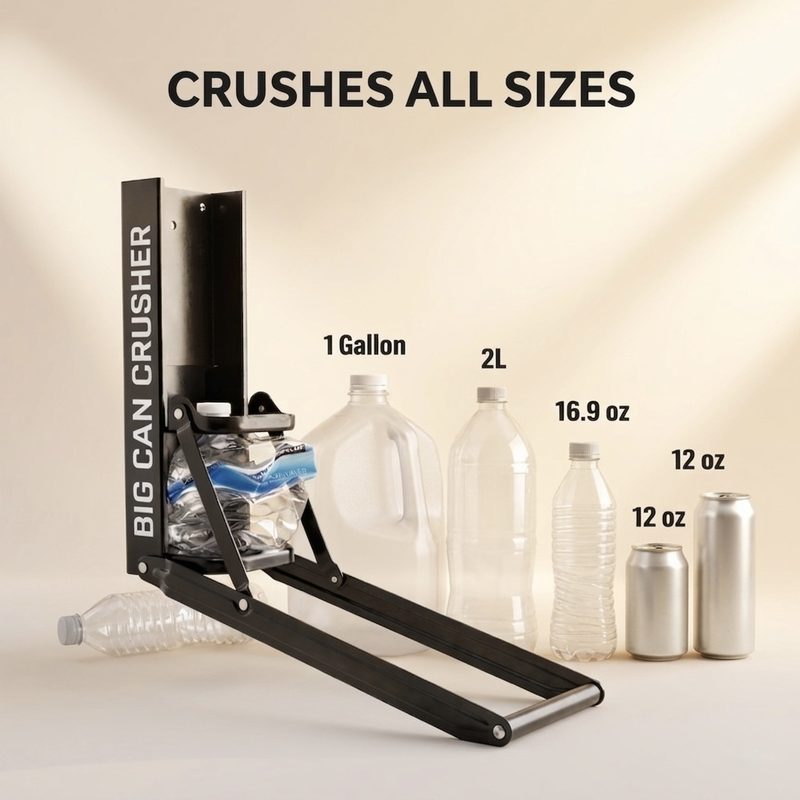 Big Can Crusher — Crushes All Sizes: 1 Gallon, 2L, 16oz, 12oz